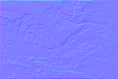 This is a normal map representation of the image gradients for the image of Zion. The colors indicate the direction of color change. These directions are used to guide brush stroke orientation. In this normal map the red and green channels encode the x and y gradients respectively, while the blue channel is always set to 1.